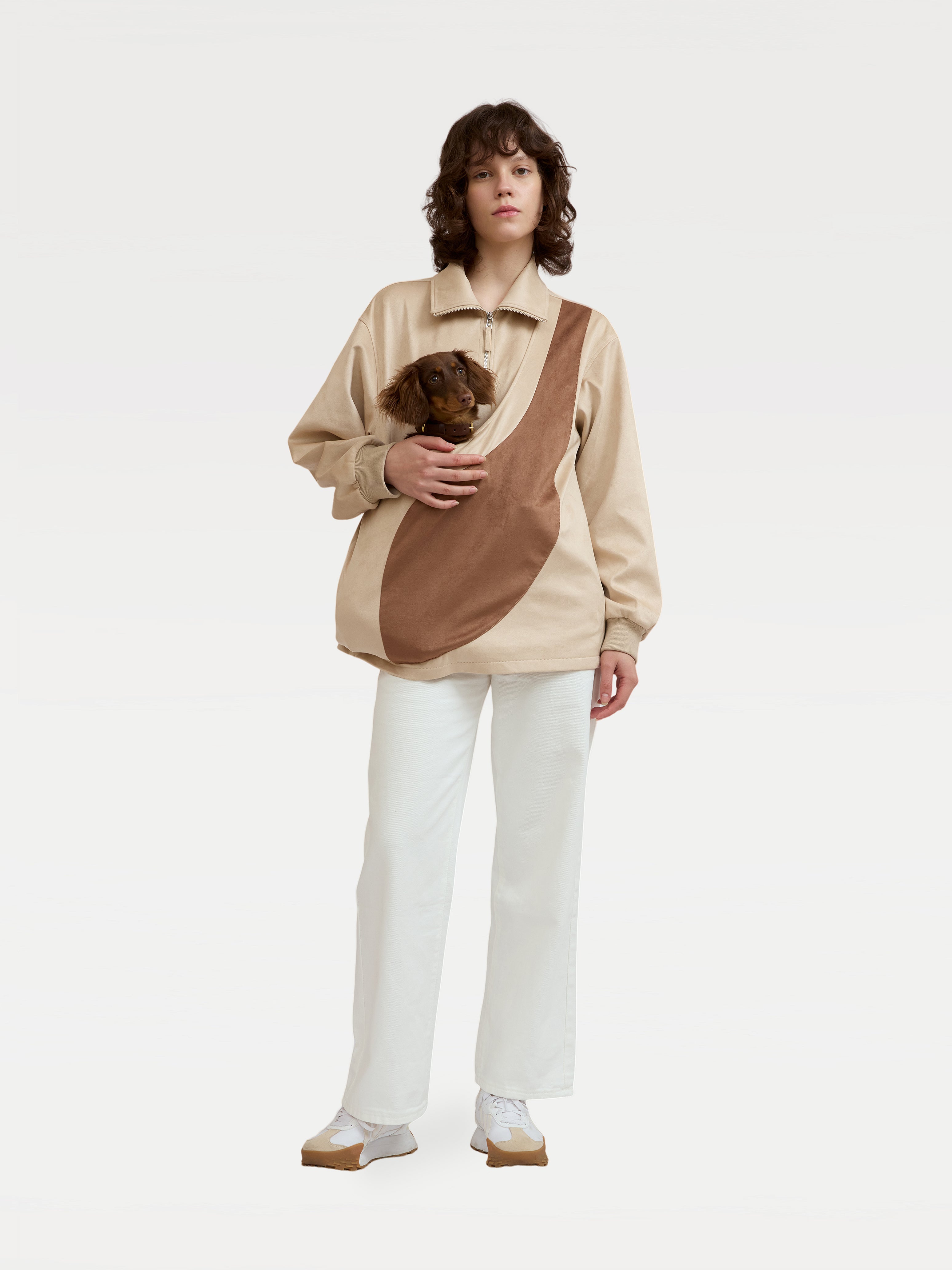 Beige Kangaroo Pouch Unisex Scuba Suede Pullover Riikyu